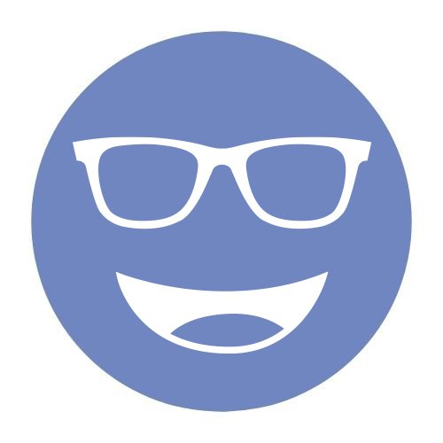 Circular icon with a smiling face wearing glasses in dark blue, representing the E50 Blue lens tint.