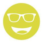 Circular icon with a smiling face wearing glasses in bright yellow-green, representing the Noir-53 lens tint.