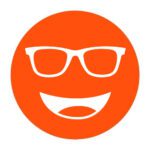 Circular icon with a smiling face wearing glasses in red/orange, representing the Noir #553 lens tint.