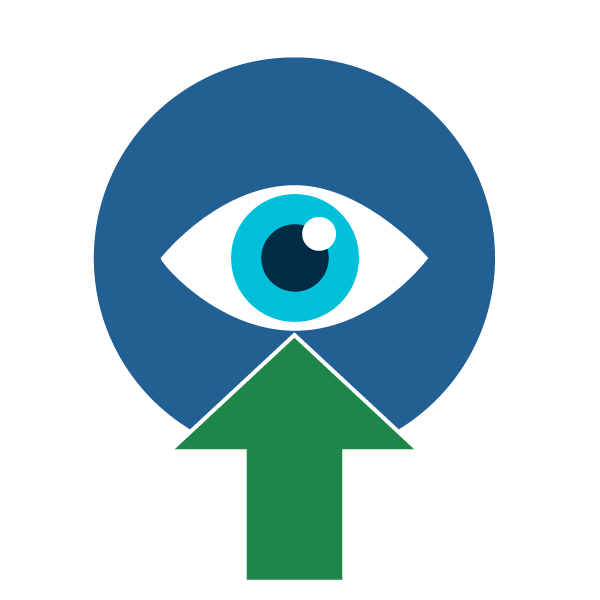 Illustration of peripheral vision, showing a blue eye with an arrow pointing in the center to represent focal vision