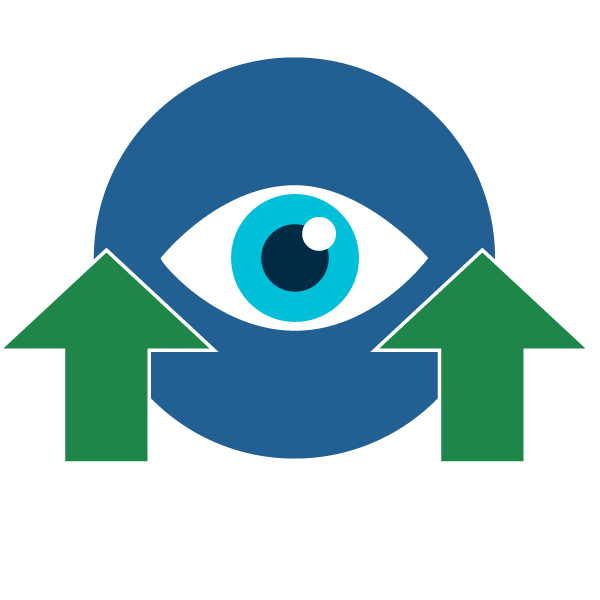 Illustration of peripheral vision, showing a blue eye with green arrows pointing outward to represent awareness of surroundings.