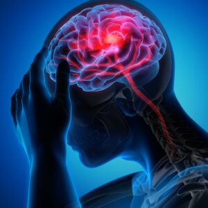 Illustration of a person holding their head in pain, with a highlighted brain showing intense red areas, symbolizing a migraine or neurological pain.