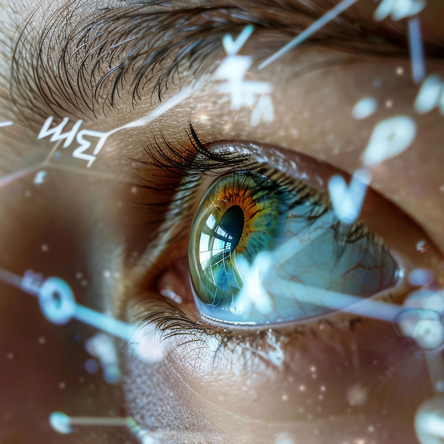 Macro shot of a human eye with digital elements overlaying, symbolizing technology in vision science.