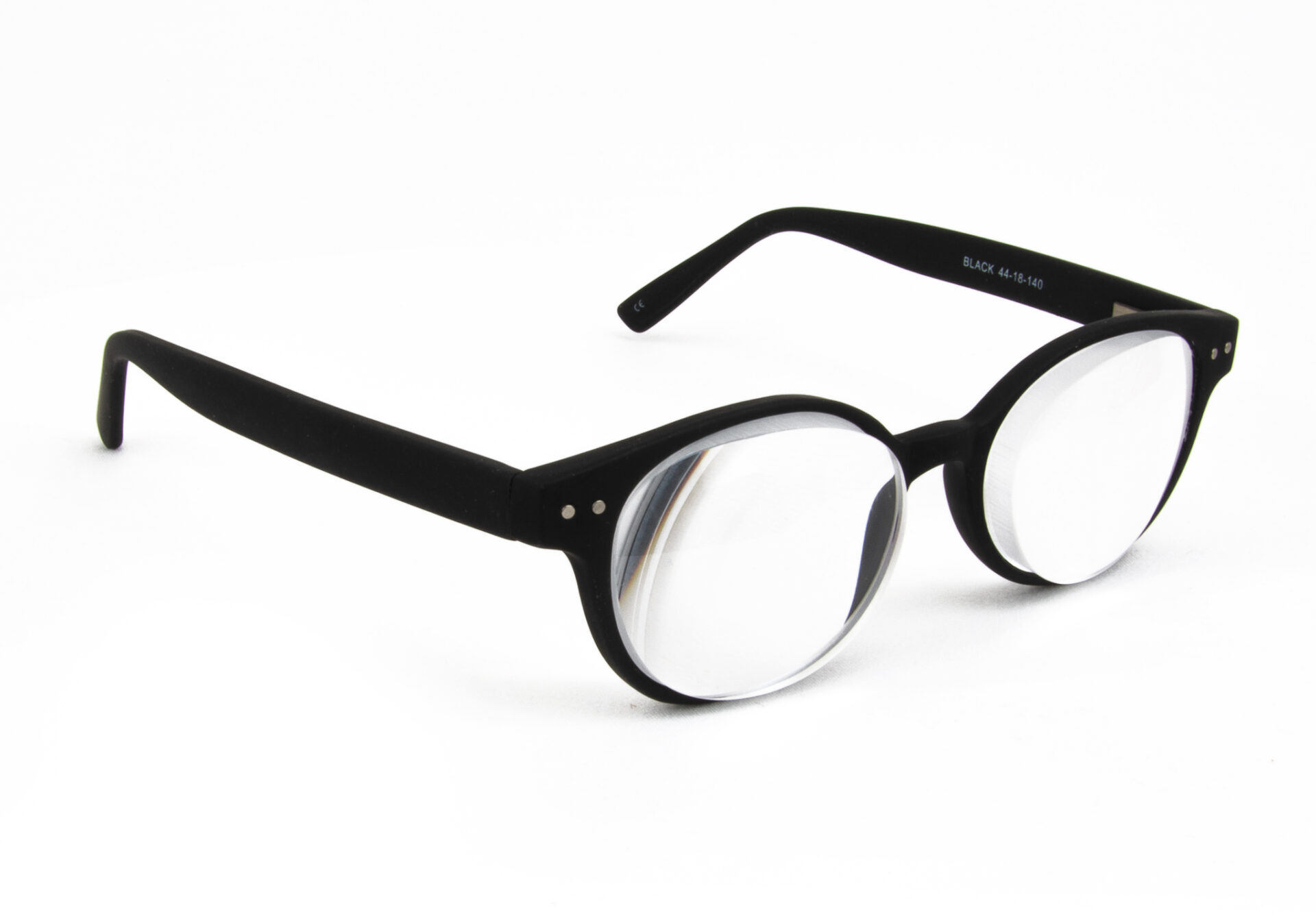 Black round eyeglasses with clear lenses on a white background.